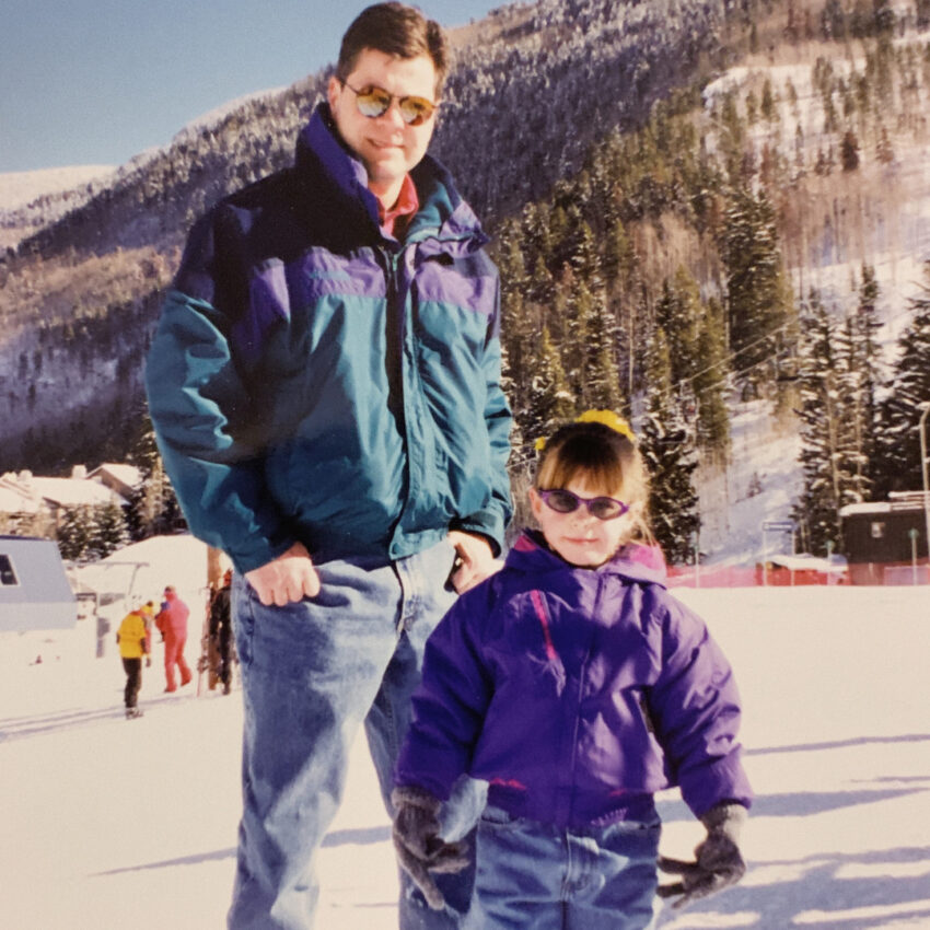 Andrea and her dad skiing in Breckenridge, Colorado in 1999